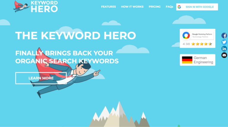 Keyword Hero Startseite mit organischen Such-Keywords und fliegender Superhelden-Illustration