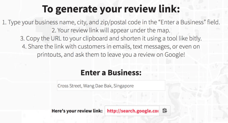 Whitespark Google Review Link Generator mit Eingabefeld und generiertem Bewertungslink