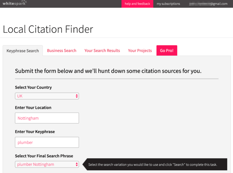 Whitespark Local Citation Finder mit Suchfeldern für Standort und Suchbegriff