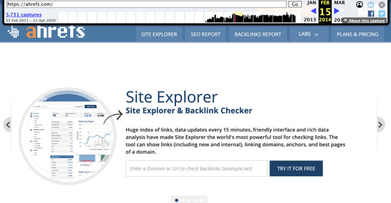 Wayback Machine zeigt eine archivierte Ahrefs-Startseite mit Site Explorer