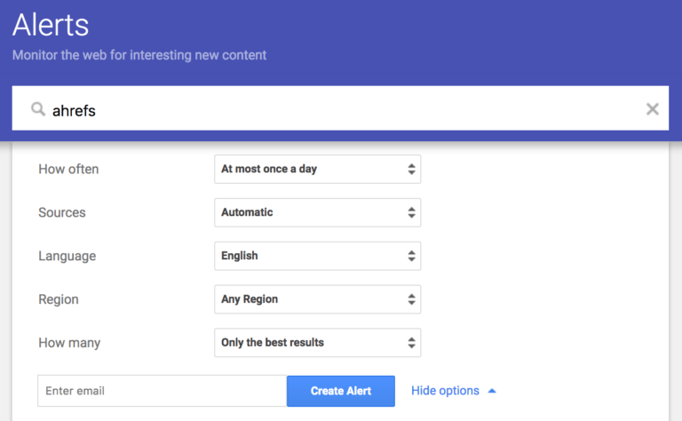 Google Alerts mit Suchfeld für Ahrefs und Einstellungen zur Benachrichtigung