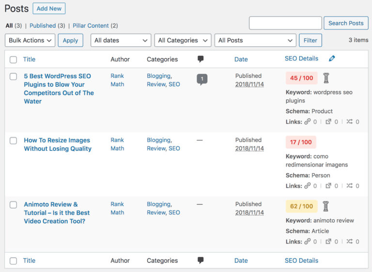 Rank Math zeigt WordPress-Beiträge mit SEO-Bewertungen, Keywords und strukturierten Daten.