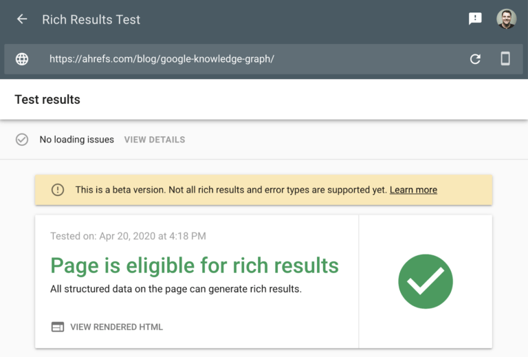 Googles Rich Results Test zeigt eine für Rich Results geeignete Seite mit grünem Haken.