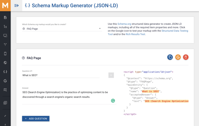 Merkle Schema Markup Generator zeigt FAQ-Fragen und erzeugten JSON-LD-Code.