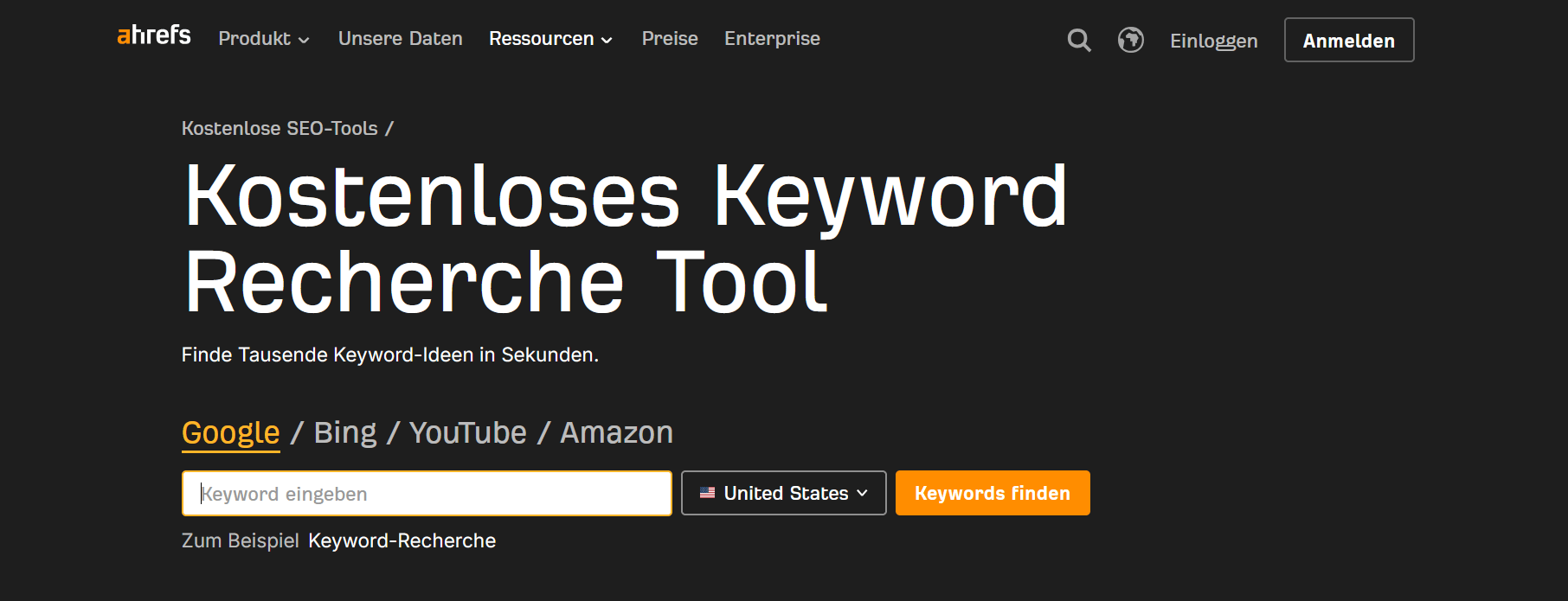 Ahrefs Keyword Generator mit Suchfeld, Plattformauswahl und Schaltfläche zur Keyword-Suche