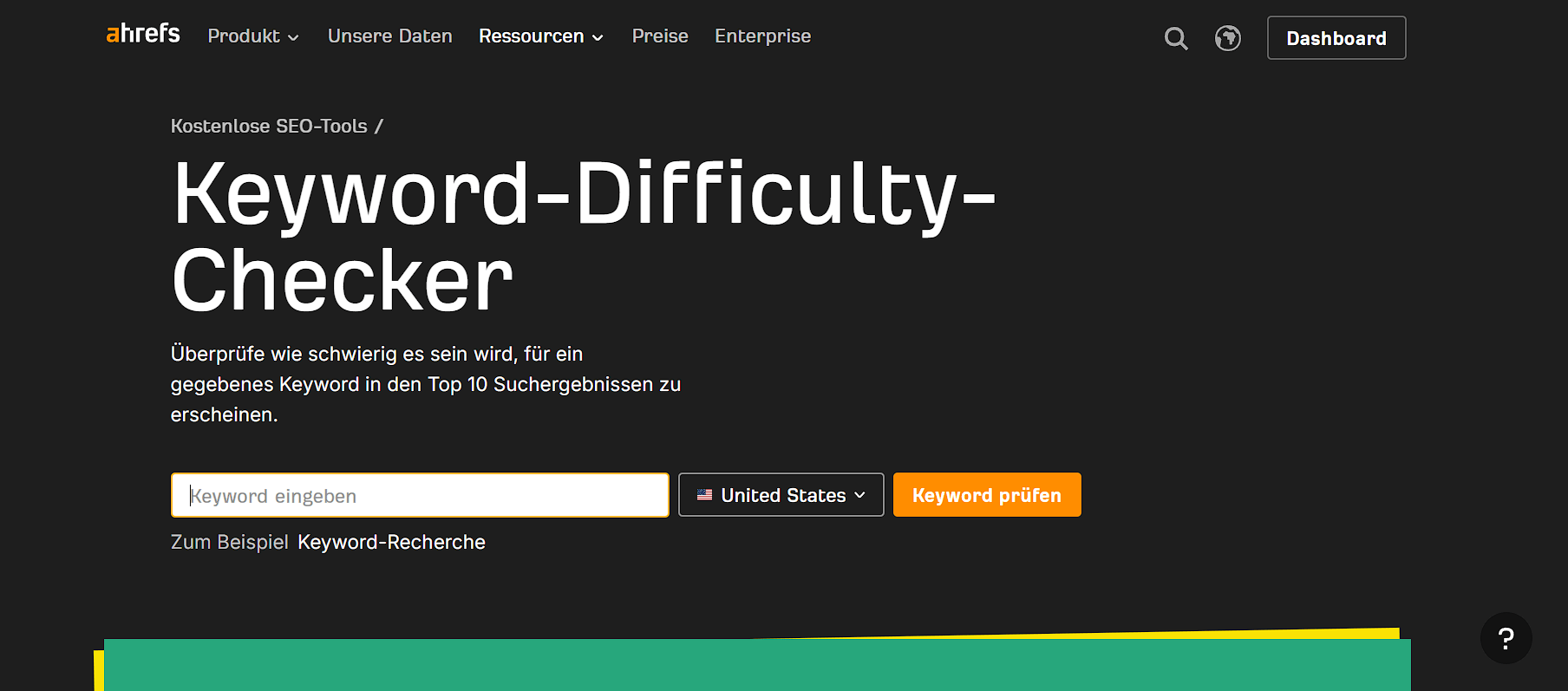 Ahrefs Keyword Difficulty Checker mit Keyword-Eingabe, Länderauswahl und Prüfbutton