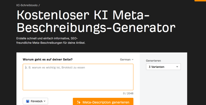 Ahrefs Meta Description Generator mit Themenfeld, Sprachauswahl und Button zum Generieren