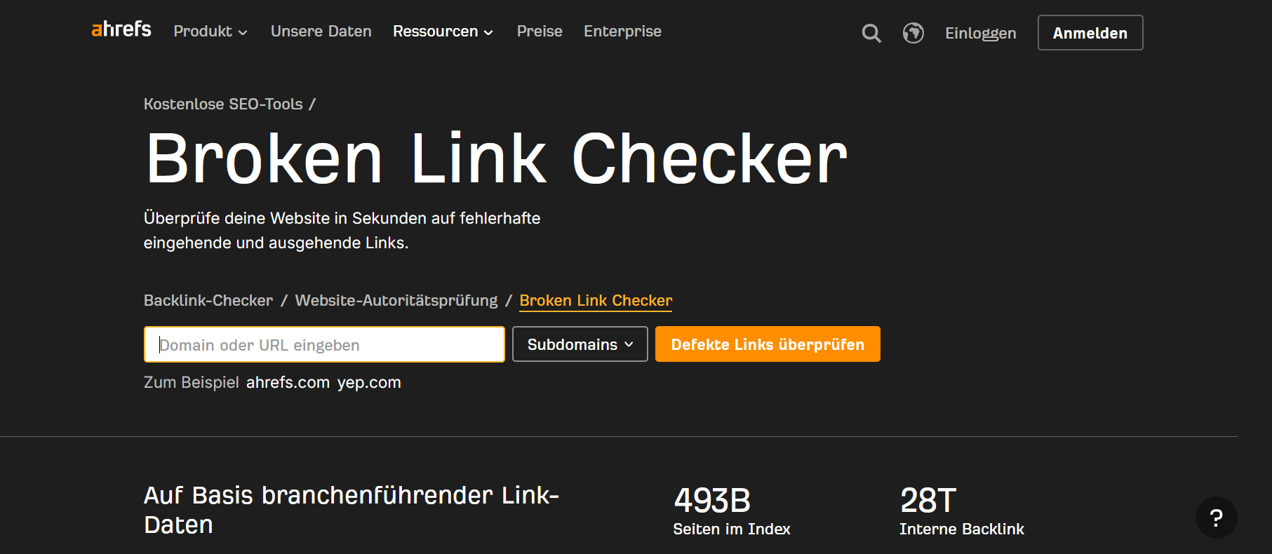 Ahrefs Broken Link Checker mit URL-Eingabe und Prüfung defekter Links