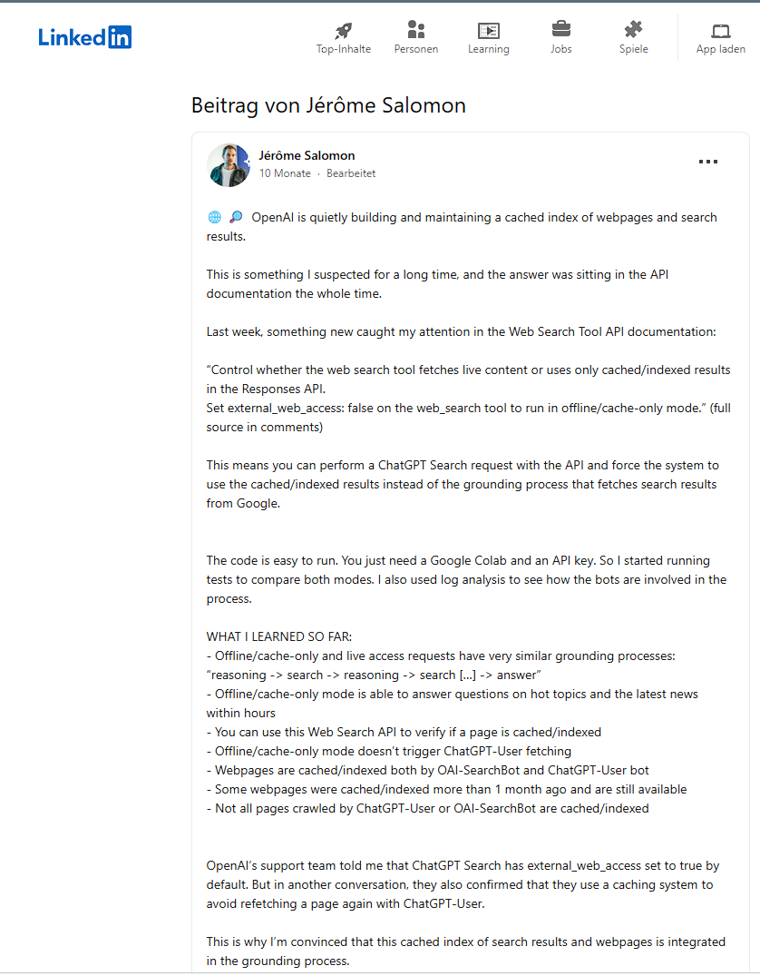 LinkedIn-Beitrag von Jérôme Salomon über OpenAIs zwischengespeicherten Suchindex