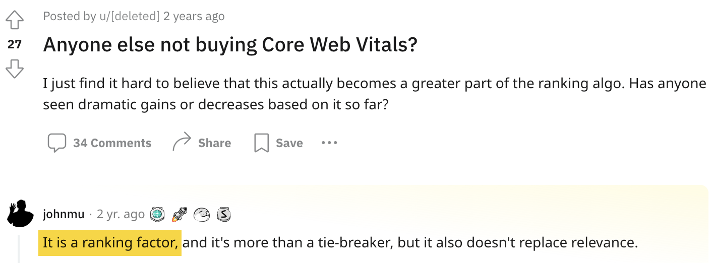 John Mueller confirma que Core Web Vitals es un factor de posicionamiento, vía Reddit.