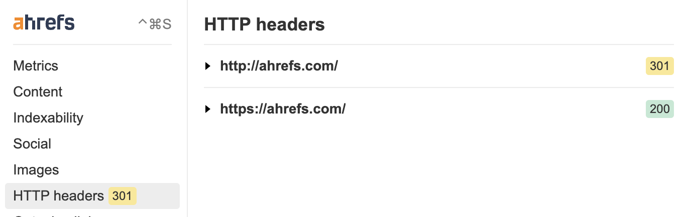 Cabeceras HTTP en la barra de herramientas SEO de Ahrefs.