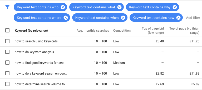 filters questions google keyword planner