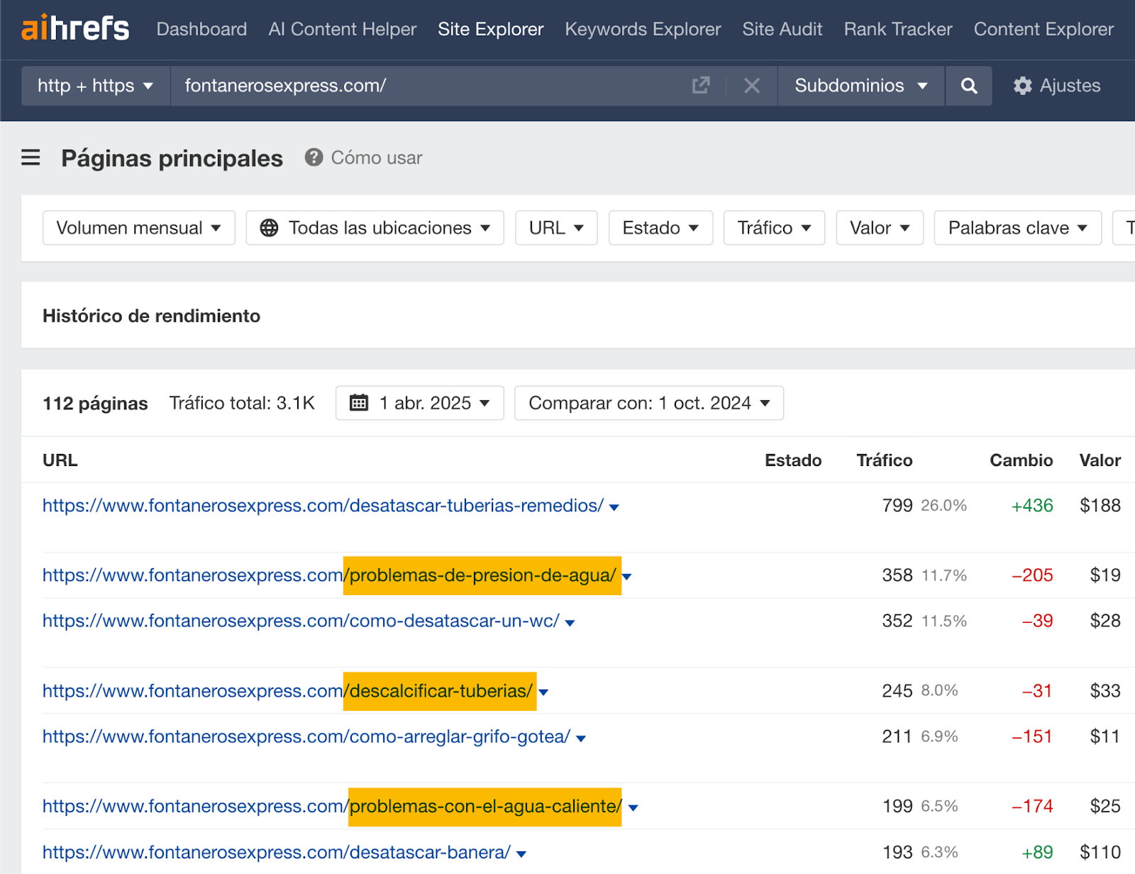 Introduce un negocio competidor en Site Explorer de Ahrefs, ve al informe Páginas principales, y busca URL que se correspondan con servicios.
