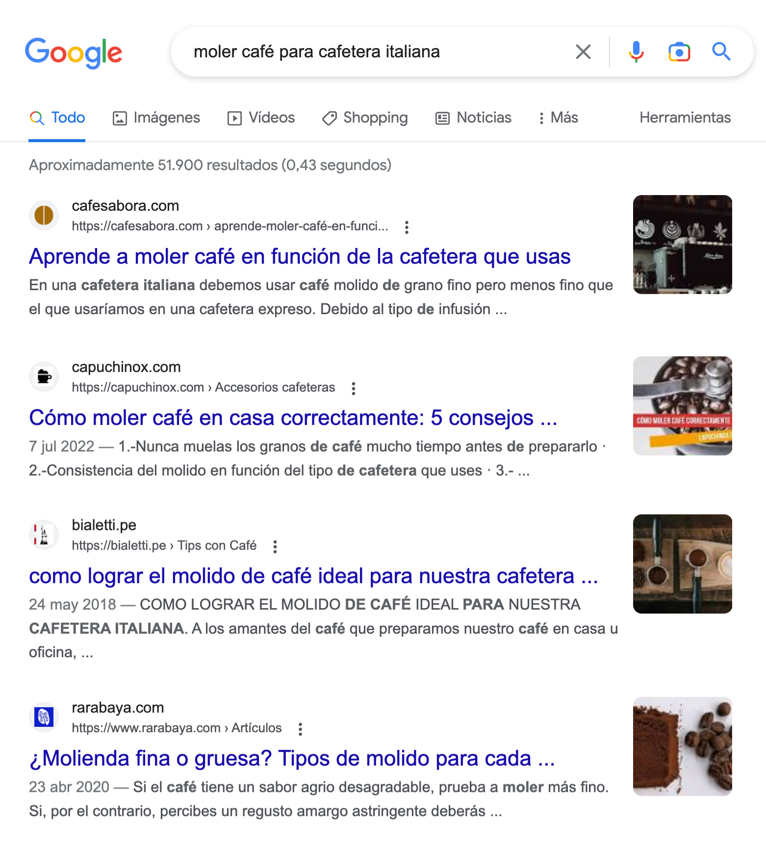 SERP de Google para la consulta "moler café para cafetera italiana"