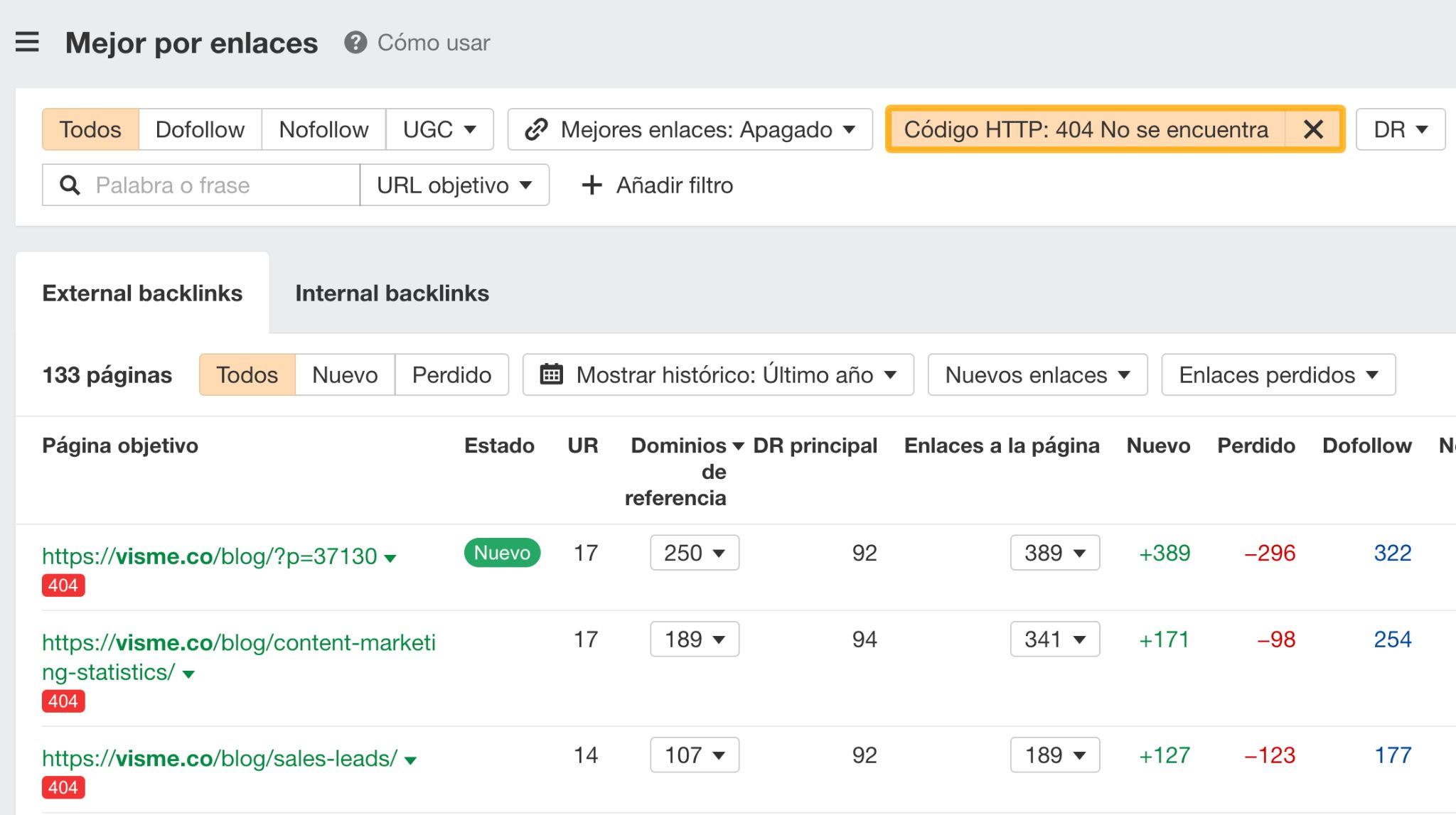 Cómo encontrar páginas rotas con el informe Mejor por enlaces de Site Explorer de Ahrefs. 
