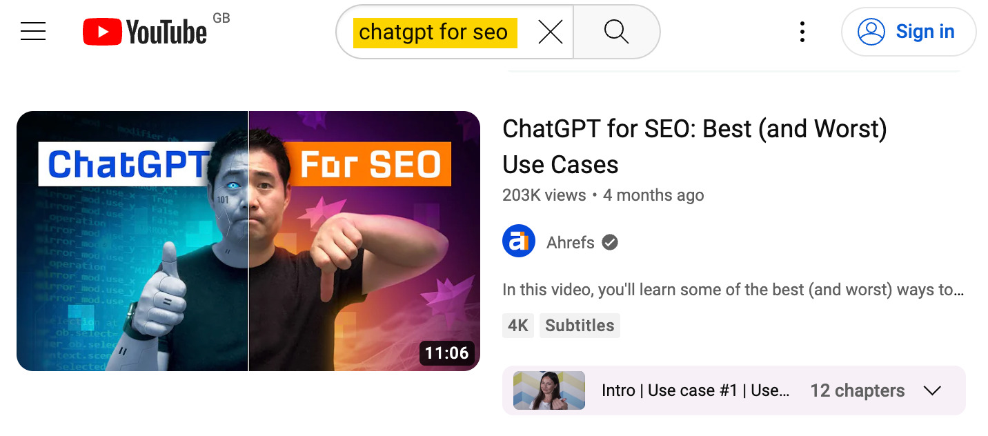 Búsqueda en YouTube de "chatgpt for seo"