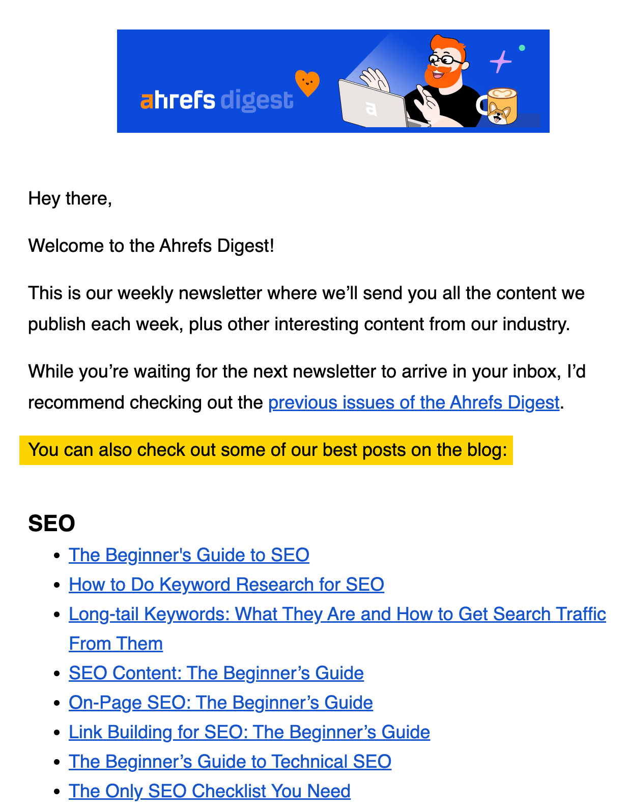 Correo de bienvenida de la newsletter de Ahrefs.