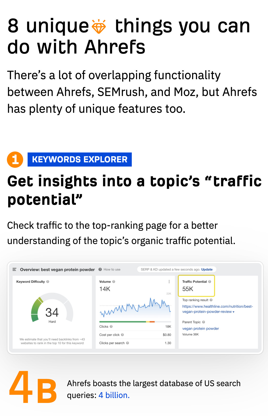 Sección sobre "cosas únicas que puede hacer con Ahrefs" en la página "versus" de Ahrefs.