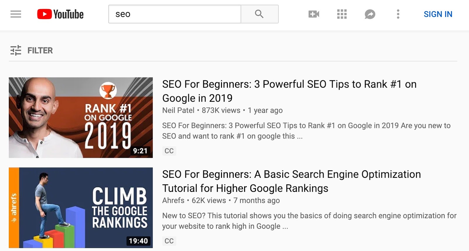 youtube search results seo