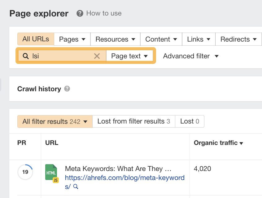 Resultados de Page Explorer con filtros aplicados, a través de Site Audit de Ahrefs