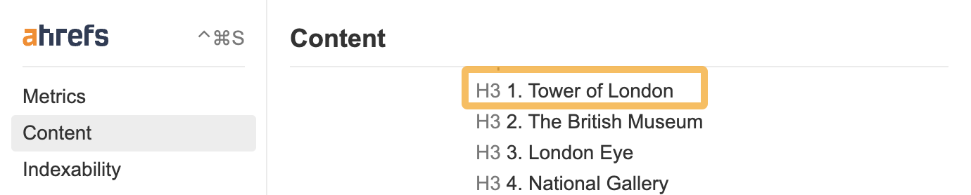 Torre de Londres en el contenido de Tripadvisor, a través de la barra de herramientas SEO de Ahrefs