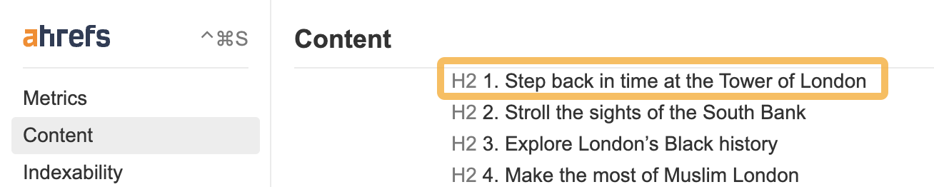 La Torre de Londres en el contenido de Lonely Planet, a través de la barra de herramientas SEO de Ahrefs