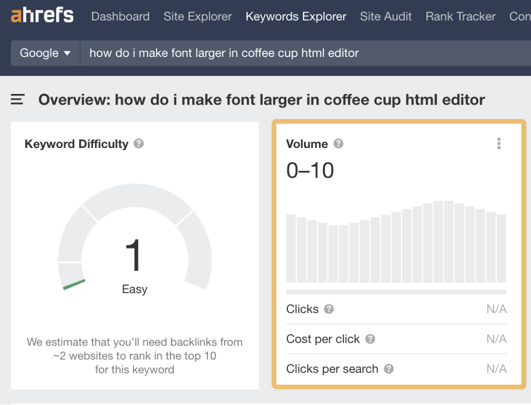 Ejemplo sencillo de dificultad de palabras clave, a través de Keyword Explorer de Ahrefs