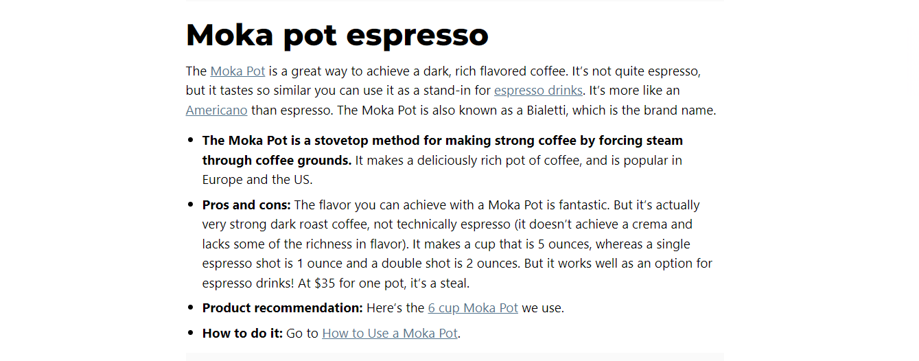 Sección sobre el café espresso en cafetera moka.