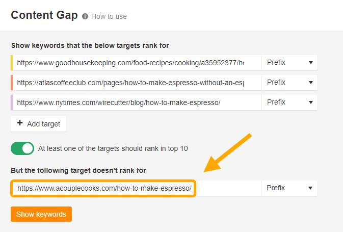 Informe de Content Gap de Ahrefs.