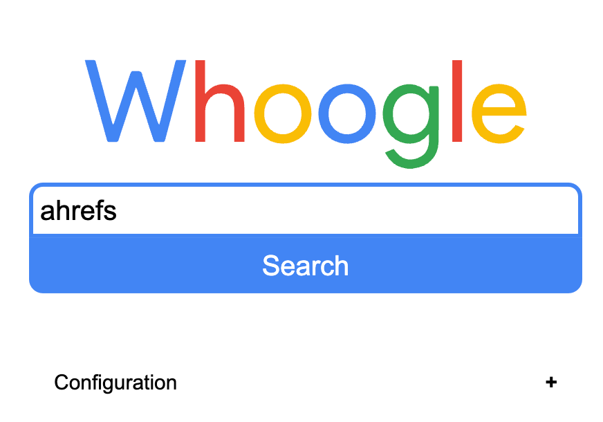 Buscando "ahrefs" en Whoogle.