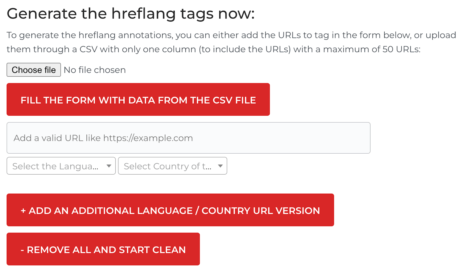 Página que muestra el generador de etiquetas hreflang