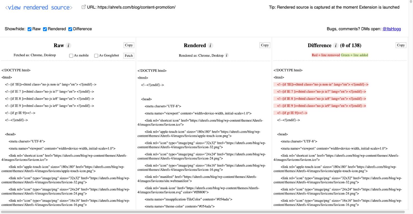 Página que muestra tres columnas. El html en bruto (raw), el HTML renderizado (rendered) y las diferencias
