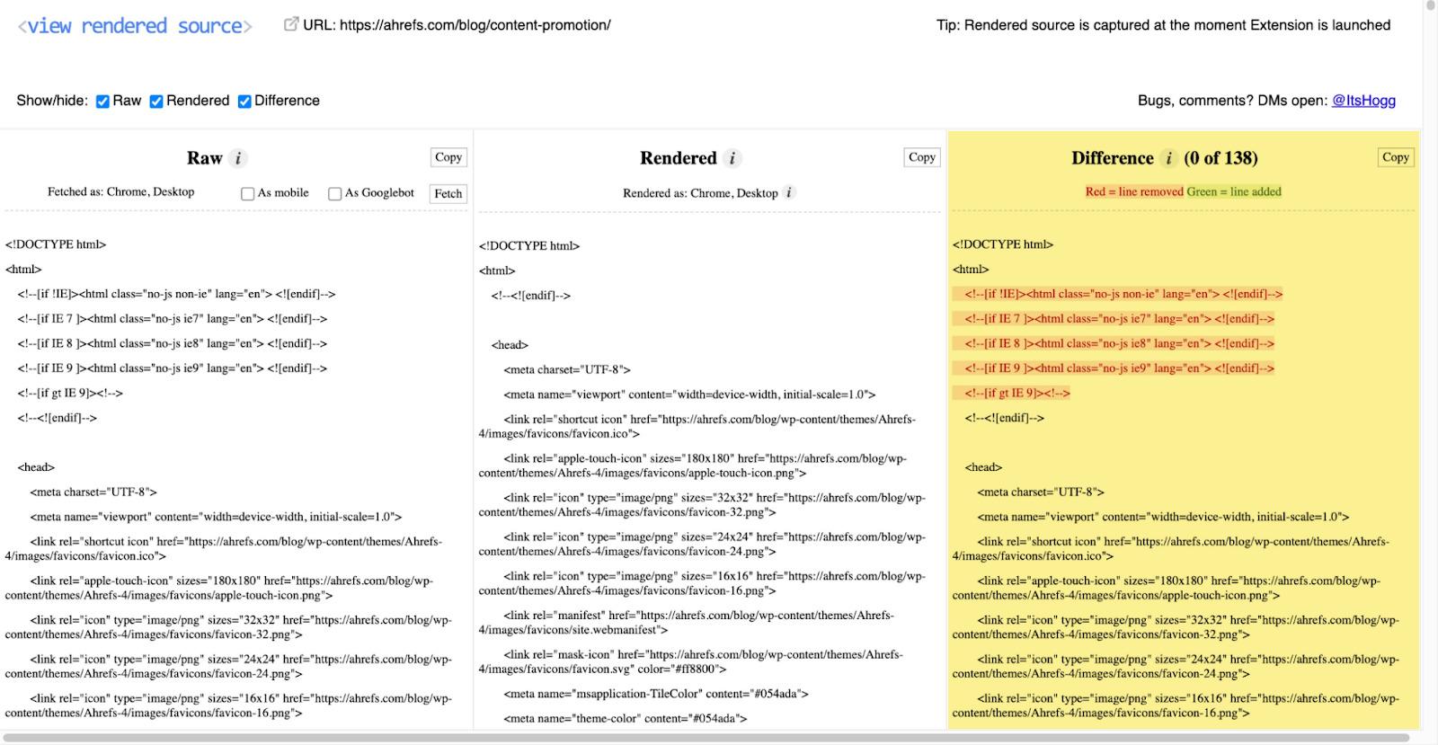 Página que muestra tres columnas: el HTML en bruto (raw), el HTML renderizado y sus diferencias