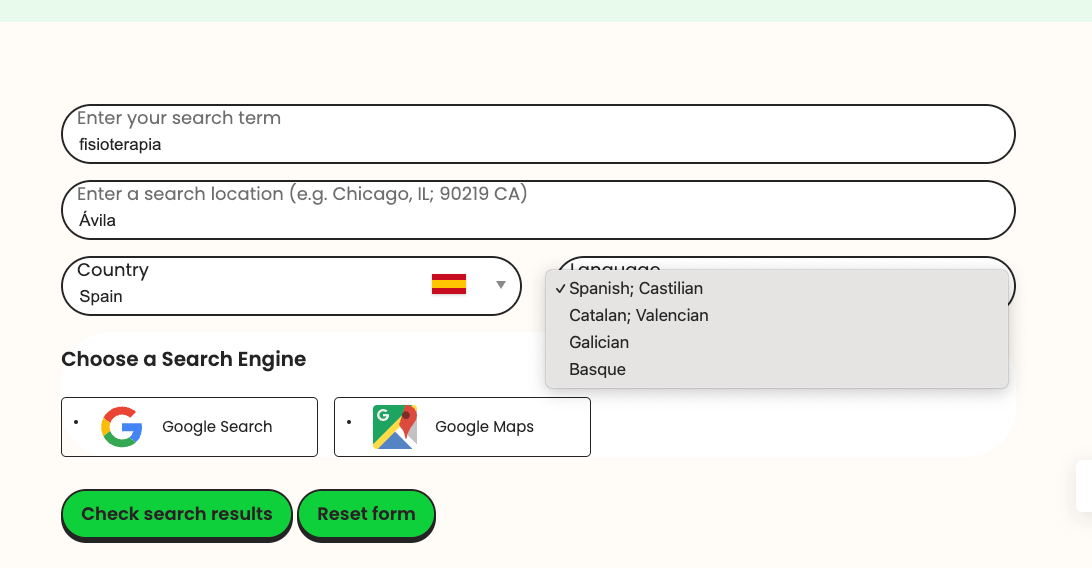 Probando una búsqueda local. Podemos especificar entre 4 idiomas oficiales dentro de España