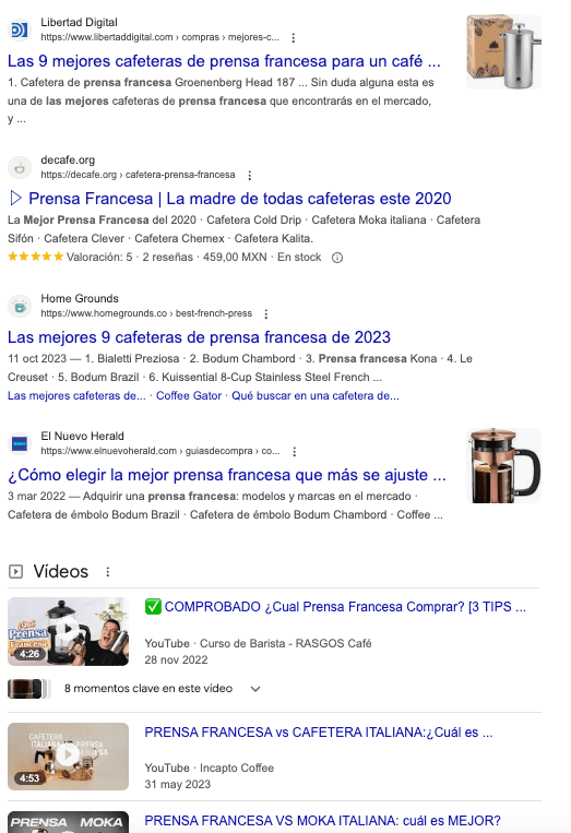 Página de resultados de Google (SERP) para "mejor prensa francesa"