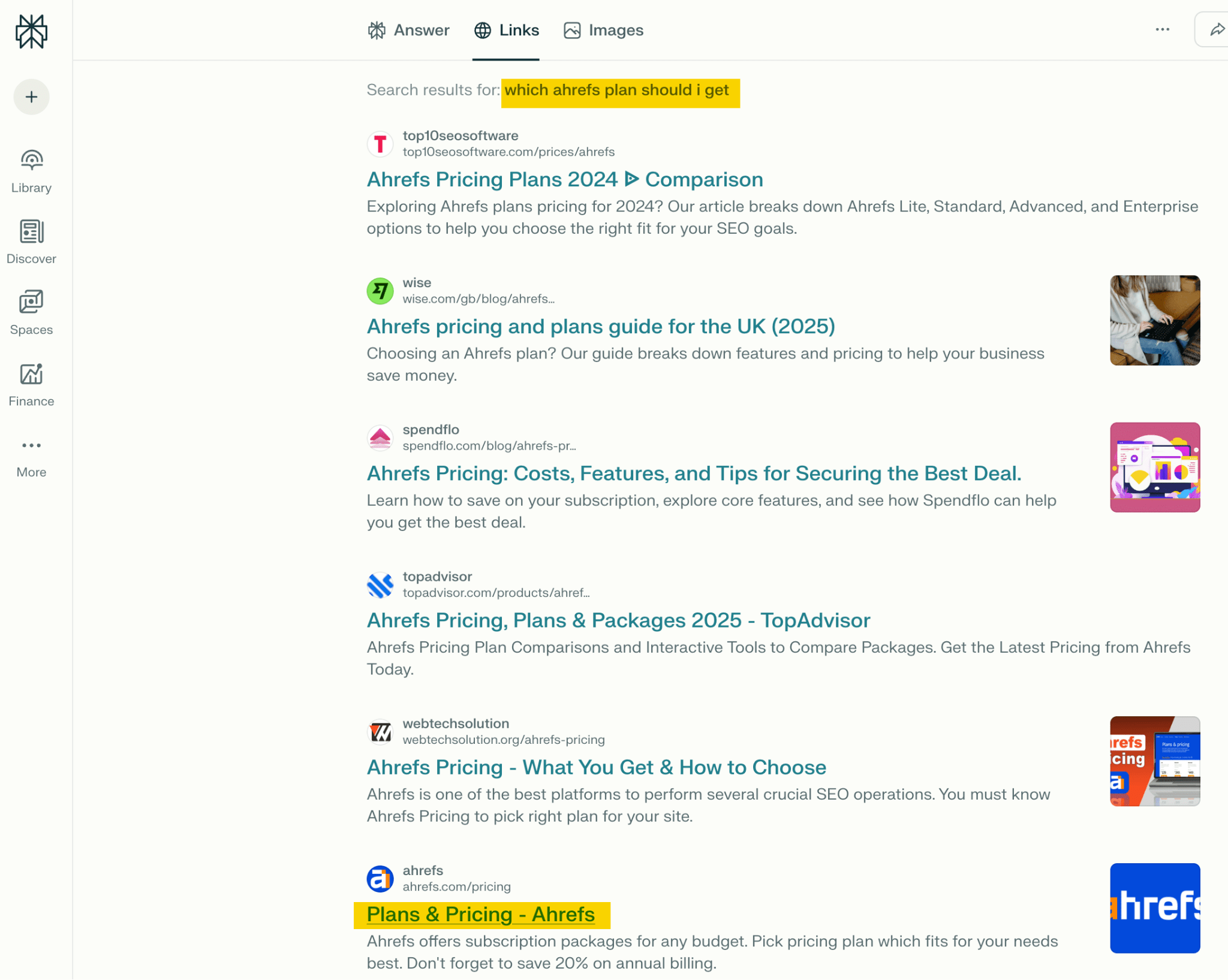 Página de resultados de búsqueda para "qué plan de ahrefs debería elegir" mostrando 6 enlaces sobre comparativas de precios y guías de Ahrefs.