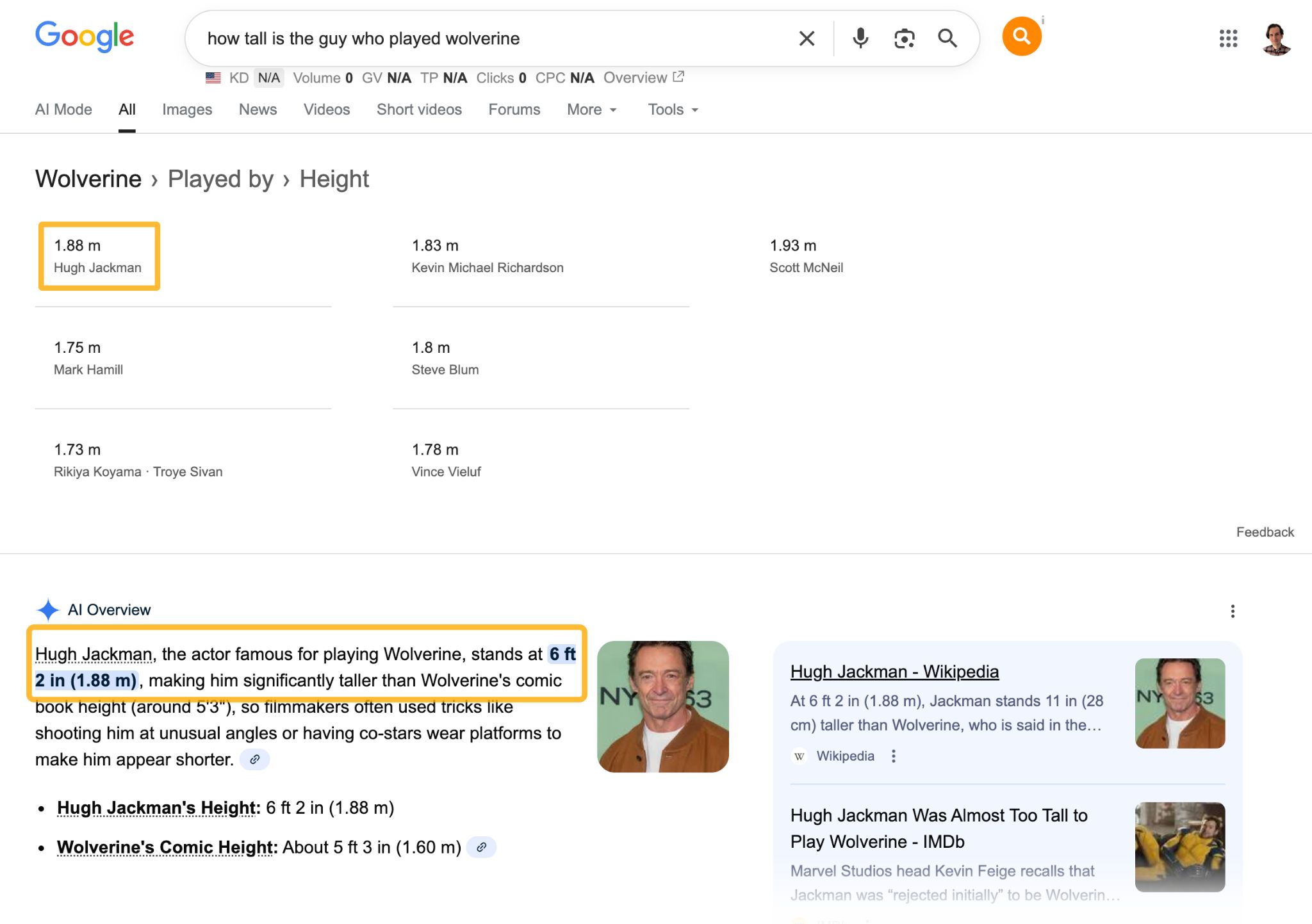 Resultados de búsqueda de Google mostrando que Hugh Jackman mide 1,88 m, con comparaciones de altura de otros actores de Wolverine listadas debajo.