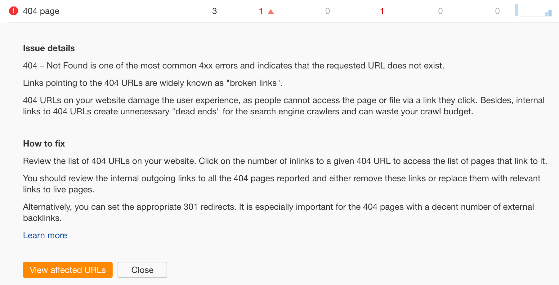 Una explicación de por qué un error es un problema técnico de SEO y cómo solucionarlo, a través de Site Audit de Ahrefs.