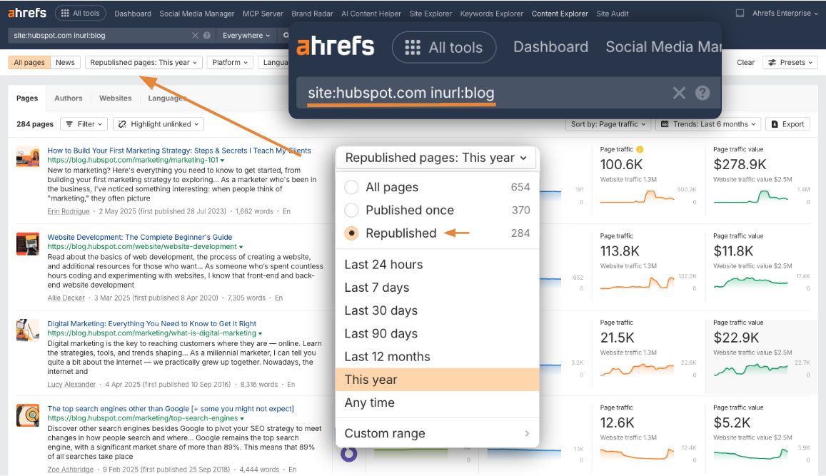 Content Explorer de Ahrefs mostrando un menú desplegable para el filtro "Páginas republicadas: Este año". Una flecha naranja apunta desde el filtro principal al menú expandido que muestra opciones que incluyen contenido "Republicado". La búsqueda es para "site:hubspot.com inurl:blog".