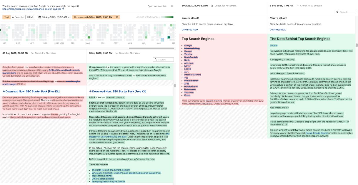 Vista de calendario de la herramienta Content Changes de Ahrefs y comparación lado a lado del artículo de HubSpot "Principales motores de búsqueda" del 30 de agosto de 2025 (rojo) y el 5 de septiembre de 2025 (verde). Mucho contenido de agosto aparece tachado.