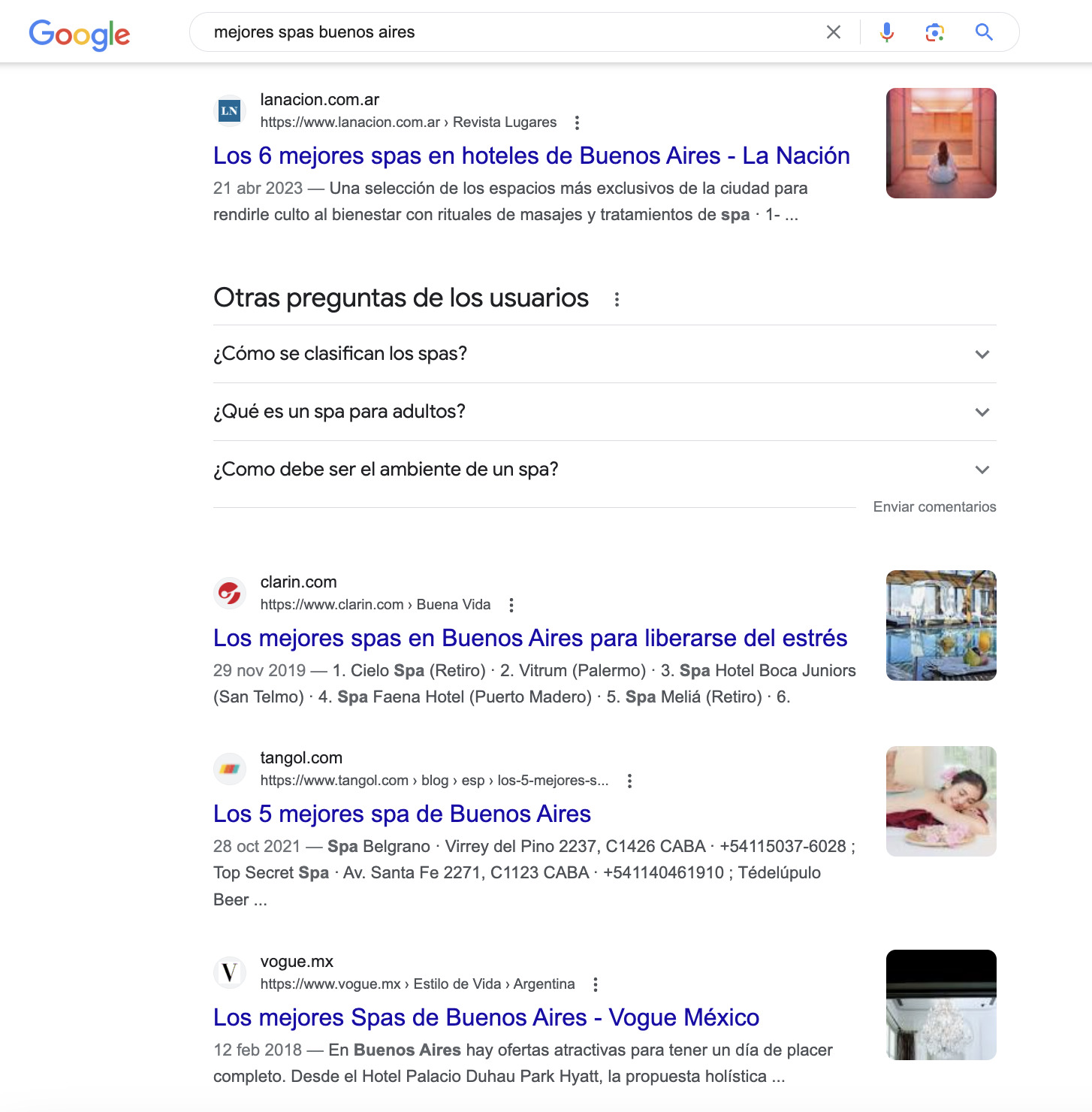 Búsqueda de spas en Buenos Aires en Google 