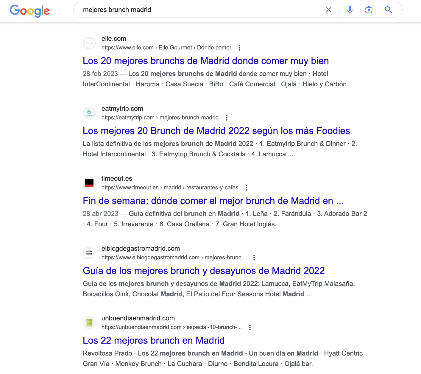 Búsqueda de mejores brunch de Madrid en Google