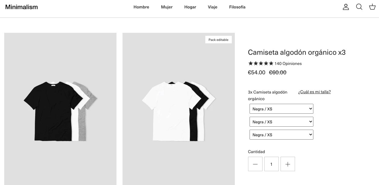 Captura de pantalla de Minimalism Brand, donde vemos cómo ofrecen un descuento por comprar 3 camisetas juntas