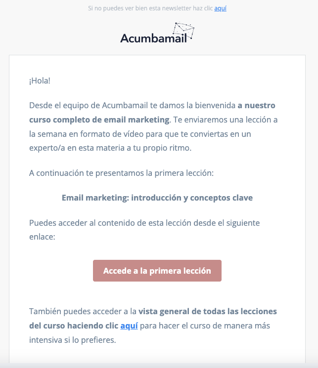Captura de pantalla de un email con un curso de Acumbamail