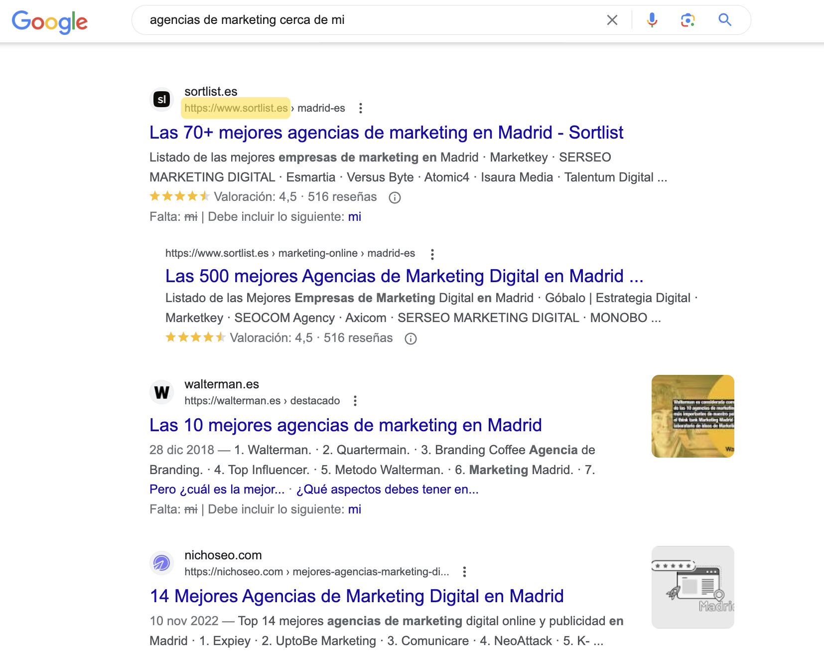Búsqueda en Google de agencias de marketing
