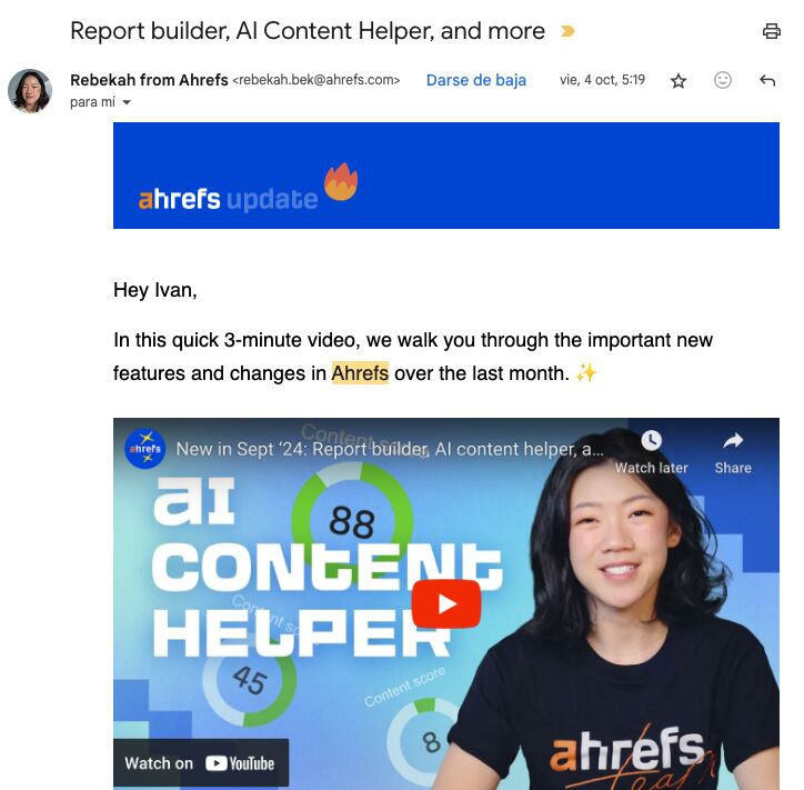 Newsletter de Ahrefs con novedades de la herramienta.