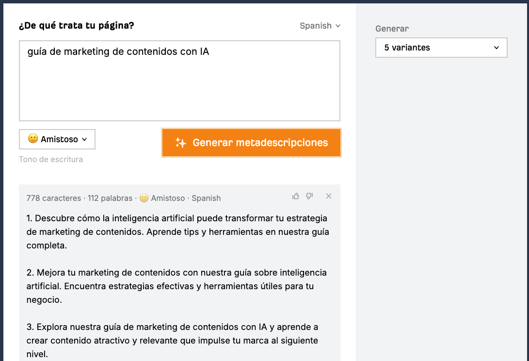 Captura de pantalla de generador de metadescripciones de Ahrefs