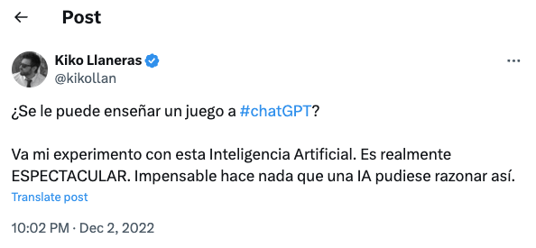 Tuit de Kiko Llaneras en el lanzamiento de ChatGPT