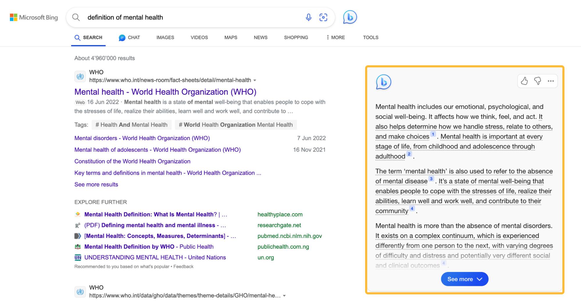 Resultados de la búsqueda de "definición de salud mental" en Bing.
