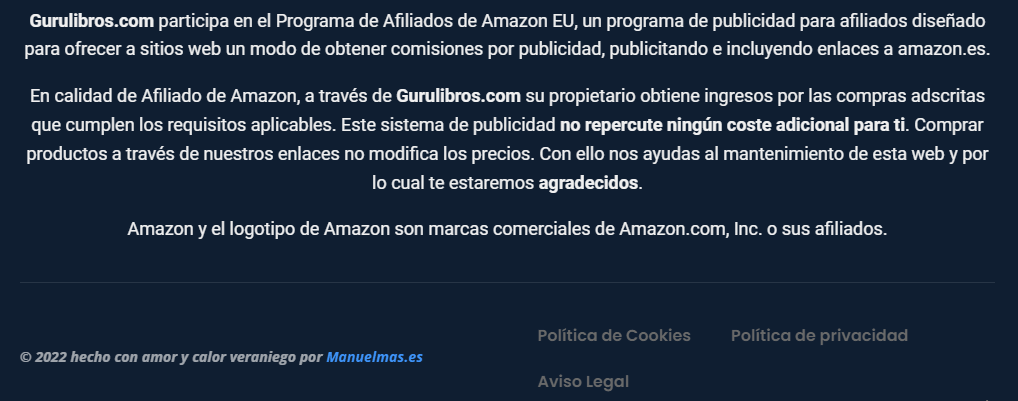 Pie de página de una web con un aviso legal del programa de afiliados de Amazon.